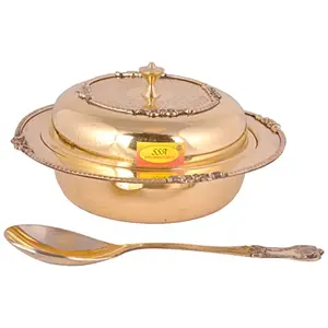 SHIV SHAKTI ARTSÂ® Pure Brass Donga Handi for Serving | Casserole with Lid & Spoon -Heavy Gauge Eatching Engraved Design - (Big - 1.5 Liter)