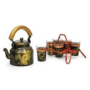 Kaushalam Handpainted Kettle With 6 Chai Glass Indian Tea Glass Cups Set Traditional Kitchen Table DÃ©cor