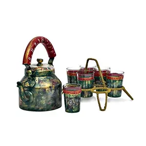 Kaushalam Hand Painted Tea Kettle With Cutting Chai Glass Set Of 6 With Chai Stand Kitchen Mother's Day Gift