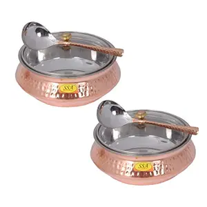 SHIV SHAKTI ARTS Hammered Steel Copper Casserole Donga Bowl Handi with Glass Lids with SpoonHandmadeTableware and Serveware1200 ml::Set of 2