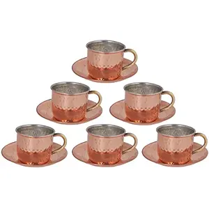 Shiv Shakti ArtsÂ® Pure Copper Tea Cup and Saucer Set Hammered Design 6 Piece set(150 ml CopperBrown) New Year Diwali Gift Item