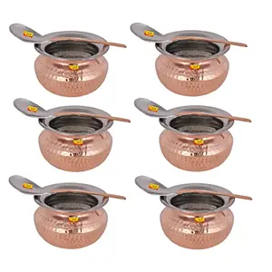 Shiv Shakti ArtsÂ® Steel Copper Handi with Serving Spoon - Punjabi & Rajasthani Design - for Serving Food.(No.3-1000 ML) Set Of 6 Piece.