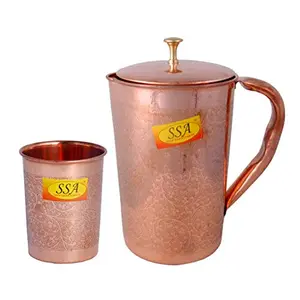 Shiv Shakti ArtsÂ® Designer Eatching Embossed Design Pure Copper Jug Glasses Set | Drinkware Set- (Capacity - 1 Liter) - 2 Pieces Set