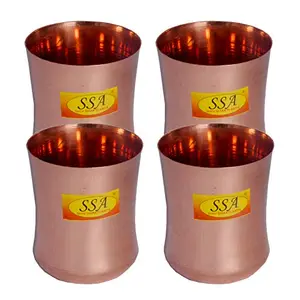 Shiv Shakti Arts Pure Copper Glass Tumbler Cup Plane Curved Design for Drinking Serving Water (4 Pcs = Vol - 300 ML Each)