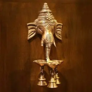 Fashion Bizz Aluminium Ganesha Wall Hanging Deepak/Diya with Bells for Home Decor (Gold 8.5 inch)