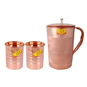 Shiv Shakti ArtsÂ® Silver Touch Design Classic Pure Copper Jug/Pitcher with 2 Glasses & Brass Top Drinkware Set - (Volume - 1.8 Liter) - 3 Pieces Set