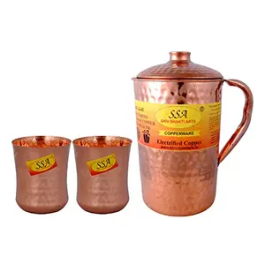 Shiv Shakti ArtsÂ® Shinee Hammer Luxury Design Pure Copper Jug with Glass Set - (Capacity - 2.2 Liter) - 3 Pieces Drinkware Set