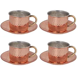 Shiv Shakti ArtsÂ® Pure Copper Tea Cup and Saucer Set Hammered Design 4 Piece set(150 ml CopperBrown) New Year Diwali Gift Item