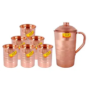 Shiv Shakti ArtsÂ® Pure Copper Jug/Pitcher with 6 Glasses - Drinkware Set - Silver Touch Design - (Capacity = 1.5 - Liter) - 7 Pieces Set