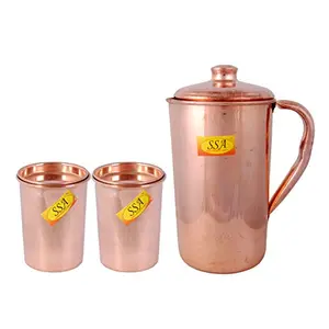 Shiv Shakti ArtsÂ® Plane Shinee Design Pure Copper Jug/Pitcher with 2 Glasses - Drinkware Set - (Capacity - 2.2 Liter) - 3 Pieces Set