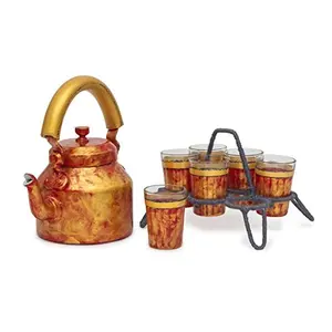 Kaushalam Traditional Indian Tea Kettle With Tapri Chai Glass Set of 6 With Stand Weddig Gift Housewarming Gift Diwali Gift