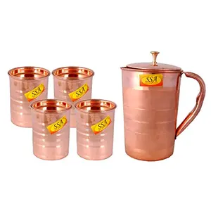 Shiv Shakti ArtsÂ® Silver Touch Design Classic Pure Copper Jug/Pitcher with 4 Glasses & Brass Top Drinkware Set - (Volume - 1 Liter) - 5 Pieces Set
