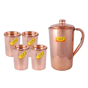 Shiv Shakti ArtsÂ® Plane Shinee Design Pure Copper Jug/Pitcher with 4 Glasses - Drinkware Set - (Capacity - 1.6 Liter) - 5 Pieces Set