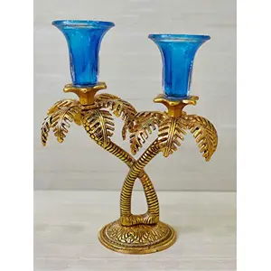 GiftNagri Gold Plated Metal Handicraft Antique Palm Tree Design Glass Candle Holder Home Decor Stand Showpiece Decorative Tealight Holder for Drawing Room Home Office Living Room Decoration and Gift