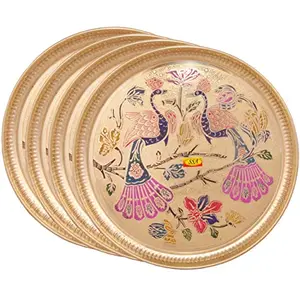 Shiv Shakti ArtsÂ® Pure Brass Dinner Plate | Thali Set for Pooja & Serving Purpose (Engraved printed peacock Design 12''Inch) - 4 Piece
