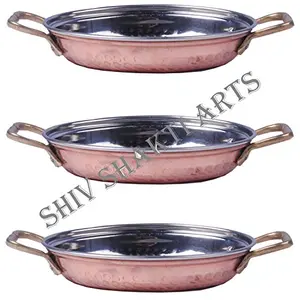 SHIV SHAKTI ARTS Handmade Set of 3 Steel Copper Platter for Serving Hammered Design with Brass Handle Inside Steel Outside Copper