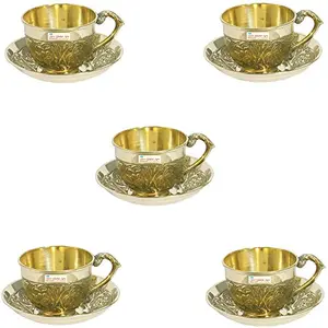 SHIV SHAKTI ARTS Handmade Set of 5 Brass Tea Cup and Saucer Sets Capacity=150 ml Each