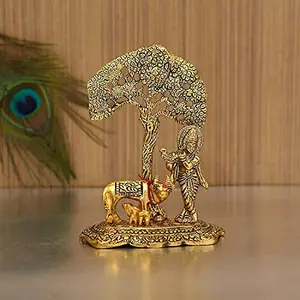Collectible India Metal Krishna Idol Murti with Kamdhenu Cow - Gold Plated Showpiece (Set of 10)
