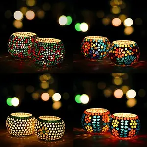 WebelKart Set of 8 Mosaic Glass Tealight Votive Candle Holder with Tea Light Candles for Living Room Home DÃ©cor Indoor Outdoor- Christmas Decoration Items (Multicolor Glass) (Pack of 6)
