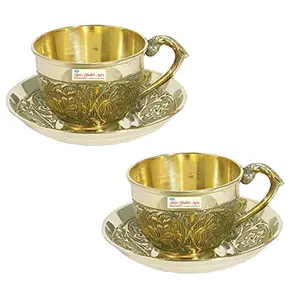 SHIV SHAKTI ARTS Indian Traditional Handmade Brass Cup & Saucer/Antique Vintage Designer Hot & Cold Drinks Serveware for Dining Table & Kitchen/Decorative Coffee & Tea Cup Coaster Set of 2