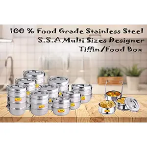 SHIV SHAKTI ARTSÂ® Stainless Steel Four Compartment Tiffin Box with Lid Silver Diameter-11 cm Size-&gt;8x4