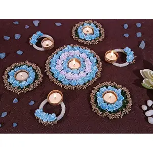 Divyakosh Artificial Flowers Tealight Holders Rangoli Mats for Home Decoration- 7 Pcs|Blue & White Rangoli |Diwali Decoration Items for Home dÃ©cor|Diwali Lights for Decoration for Home|