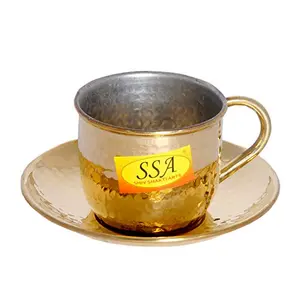 Shiv Shakti ArtsÂ® Brass Cup with Saucer Use for Tea/Juice/Coffee (Inside Nickle Plated + Hammer Design 150 ML) - 1 Piece