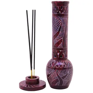 MARBLE INLAY ART AGRA - PACCHIKARI Marble Soapstone Red Bottle Incense Stick Holder Agarbatti Stand Tea Light Burner| Jaali Carving Incense Stick Holder for Puja and Home Decor