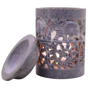 MARBLE INLAY ART AGRA - PACCHIKARI Marble Soapstone Candle Aroma Burner | Tea Light Holder | Oil Diffuser | Wax Burner. Round Elephant Floral Carving for Home and Office Decor.