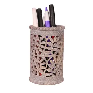 MARBLE INLAY ART AGRA - PACCHIKARI Soapstone Floral Carving Round Shape Pen Holder for Home and Office