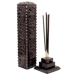 MARBLE INLAY ART AGRA - PACCHIKARI Marble Incense Stick Holder Agarbatti Stand Candle Burner. Handmade Elephant Black Carving Soapstone for Puja and Home Decor (Square)