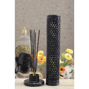 MARBLE INLAY ART AGRA - PACCHIKARI Marble Soapstone Black Incense Stick Holder Agarbatti Stand Tea Light Burner/Handmade Jaali Carving for Home Decor(Round)