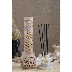 MARBLE INLAY ART AGRA - PACCHIKARI Marble Soapstone Bottle Shape Agarbatti Stand Incense Stick Burner for Puja and Home Decor(Elephant Design)(Round)