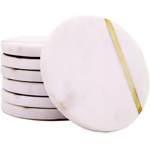 MARBLE INLAY ART AGRA - PACCHIKARI Round Shape White Colour Marble with Brass Strip Coasters Set of 6