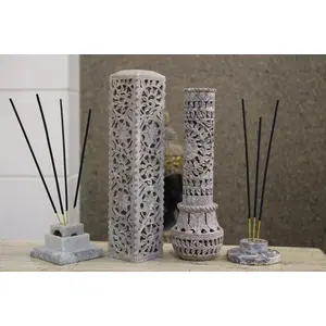 MARBLE INLAY ART AGRA - PACCHIKARI Handcrafted Natural Soapstone Marble Incense Agarbatti Stand Combo for Puja Set of 2 with 12 Chandan Fragrance Sticks