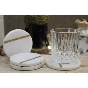 MARBLE INLAY ART AGRA - PACCHIKARI Round Shape White Colour Marble with Brass Strip Coasters Set of 4