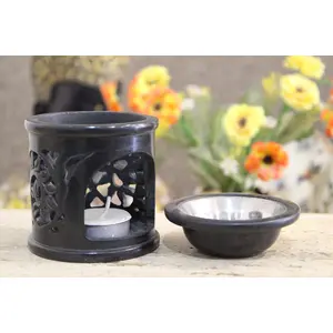 MARBLE INLAY ART AGRA - PACCHIKARI Handcrafted Marble Black Soapstone Floral Design Aroma Oil Burner Candle Tea Light Holder Oil Diffuser. Beautifully Crafted for Gifting Or Home Decor.