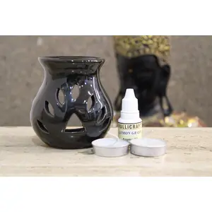 MARBLE INLAY ART AGRA - PACCHIKARI Black Ceramic Aroma Diffuser Oil Burner Clay Lamp Wax Warmer Tea Light Holder