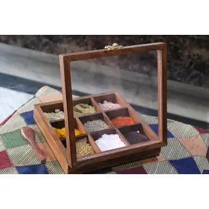 MARBLE INLAY ART AGRA - PACCHIKARI Sheesham Wood Masala Boxes Spice Jars With Spoon For Kitchen-Pack of 1