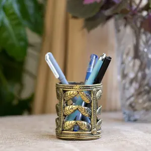 DHOKRA CRAFT Brass Pen Holder Stand Dhokra Art Leaf Shaped Design Cylindrical Antique Gold