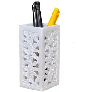 AGRA SOFT STONE CARVING PRODUCTS Handmade Carved Marble Stone Pen Holder/ Stand.(Standard Size)
