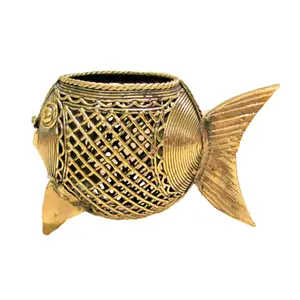 DHOKRA CRAFT Handcrafted Showpiece of Dhokra Metal Art Fish Shaped Pen Stand for Home Decor | Table Decor | Gift