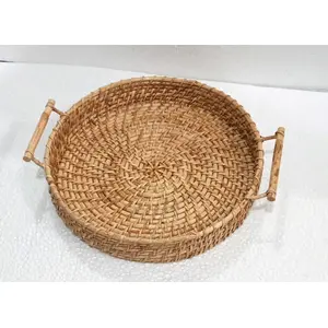 CANE & BAMBOO CRAFTS Premium Cane Serving Trays and Platters with Handle (Dia 12 inches x H 2 inch)