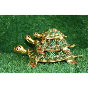 DHOKRA CRAFT Metal Feng Shui Set of 3 Tortoise Family for Good Luck Vastu Decorative Showpiece for Home and Office- 12.5 cm (Metal Multicolour)