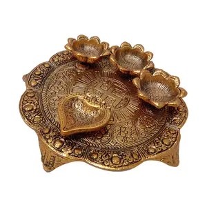 DHOKRA CRAFT Traditional Handicrafted Metal Pooja Thali (Golden 9 X 9 X 2 inches)