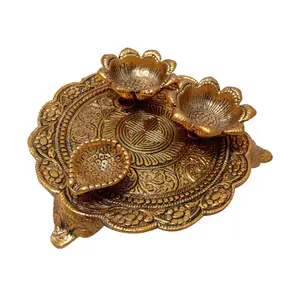 DHOKRA CRAFT Traditional Decorative Pooja Thali with 2 Vatis and Diya for All Auspicious Occasions Golden