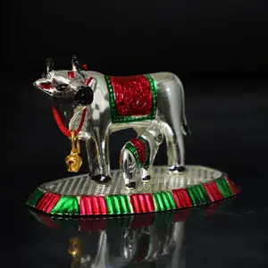 DHOKRA CRAFT Metal Kamdhenu Cow with Calf for Home and Office Temple Gift Item Puja Item Decorative Showpiece Home Decor Fengshi Vastu Item - 5 cm (Metal Silver)