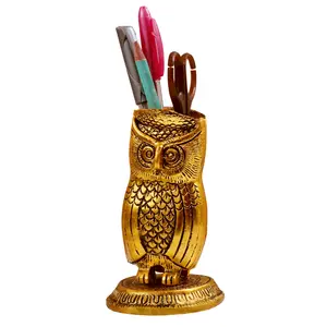 DHOKRA CRAFT Handmade Metal Owl Pen Holder Stand Height - 5 inches