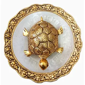 DHOKRA CRAFT Metal Feng Shui Tortoise on Plate Showpiece Standard Gold 1 Piece