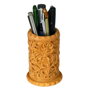 DHOKRA CRAFT Wooden Hand Carved Pen Holder Display Stand (Carved Floral Leaf)